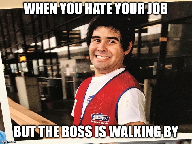 WHEN YOU HATE YOUR JOB; BUT THE BOSS IS WALKING BY | image tagged in lowe's guy | made w/ Imgflip meme maker