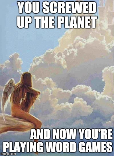 YOU SCREWED UP THE PLANET AND NOW YOU'RE PLAYING WORD GAMES | image tagged in angel thoughts | made w/ Imgflip meme maker