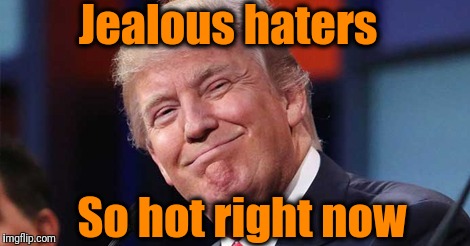 Trump smiling | Jealous haters So hot right now | image tagged in trump smiling | made w/ Imgflip meme maker