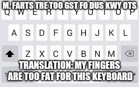 Phone/tablet Keyboards | M. FARTS TRE TOO GST FO DUS KWY OTS; TRANSLATION: MY FINGERS ARE TOO FAT FOR THIS KEYBOARD | image tagged in keyboard,phone | made w/ Imgflip meme maker