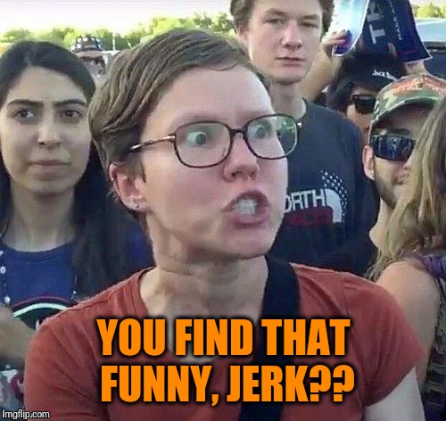 foggy | YOU FIND THAT FUNNY, JERK?? | image tagged in triggered feminist | made w/ Imgflip meme maker