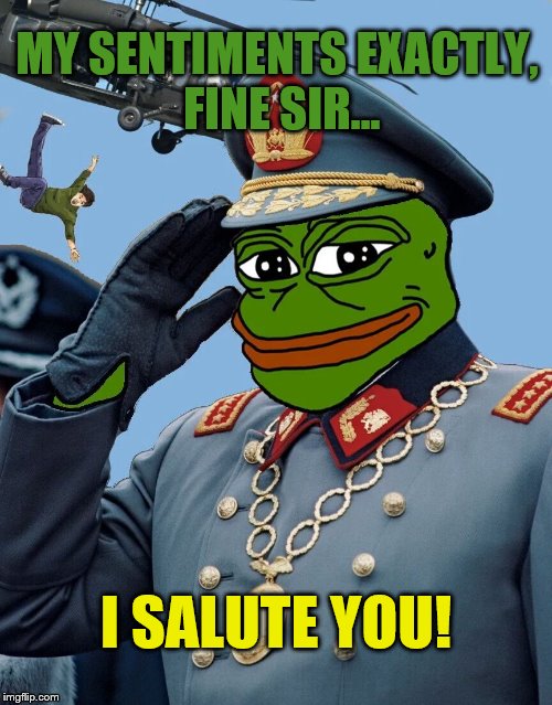 Pepe the Frog Salute | MY SENTIMENTS EXACTLY, FINE SIR... I SALUTE YOU! | image tagged in pepe the frog salute | made w/ Imgflip meme maker