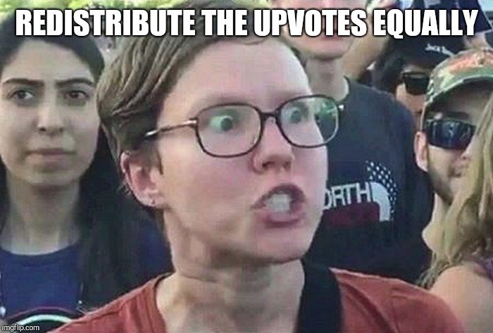 Triggered Liberal | REDISTRIBUTE THE UPVOTES EQUALLY | image tagged in triggered liberal | made w/ Imgflip meme maker