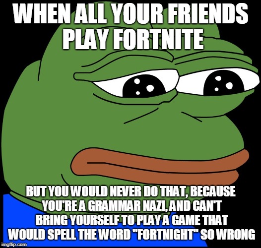 Sad Pepe | WHEN ALL YOUR FRIENDS PLAY FORTNITE BUT YOU WOULD NEVER DO THAT, BECAUSE YOU'RE A GRAMMAR NAZI, AND CAN'T BRING YOURSELF TO PLAY A GAME THAT | image tagged in sad pepe | made w/ Imgflip meme maker