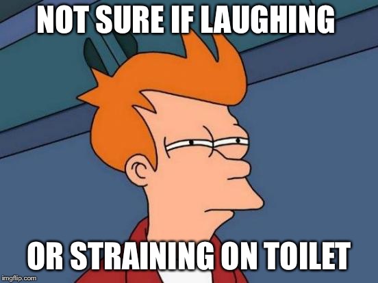 Futurama Fry Meme | NOT SURE IF LAUGHING OR STRAINING ON TOILET | image tagged in memes,futurama fry | made w/ Imgflip meme maker