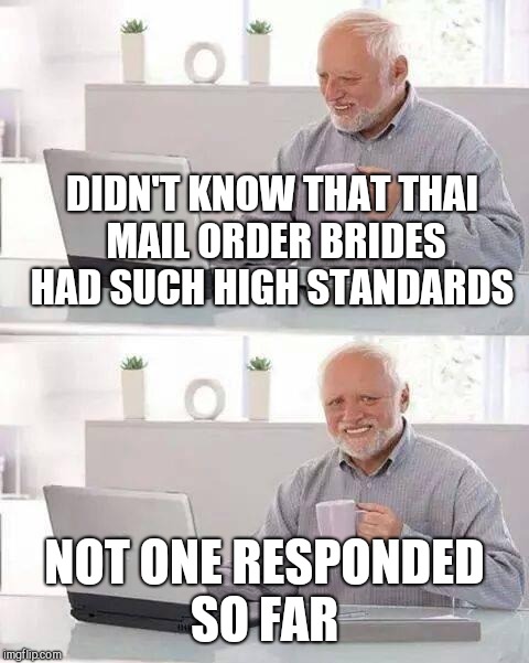 Hide the Pain Harold Meme | DIDN'T KNOW THAT THAI MAIL ORDER BRIDES HAD SUCH HIGH STANDARDS; NOT ONE RESPONDED SO FAR | image tagged in memes,hide the pain harold | made w/ Imgflip meme maker