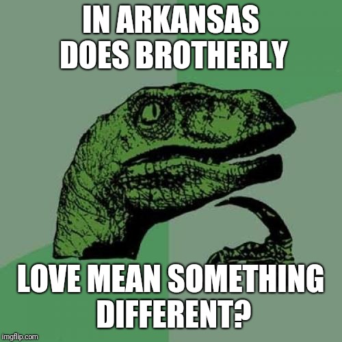 Philosoraptor Meme | IN ARKANSAS DOES BROTHERLY; LOVE MEAN SOMETHING DIFFERENT? | image tagged in memes,philosoraptor | made w/ Imgflip meme maker