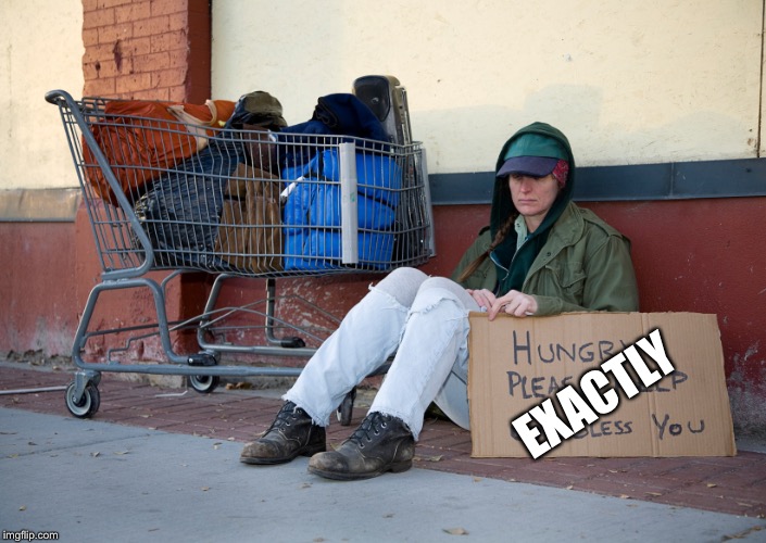 homeless woman with sign | EXACTLY | image tagged in homeless woman with sign | made w/ Imgflip meme maker