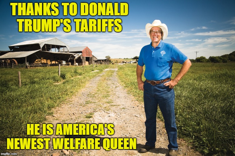 THANKS TO DONALD TRUMP'S TARIFFS; HE IS AMERICA'S NEWEST WELFARE QUEEN | image tagged in farmer | made w/ Imgflip meme maker