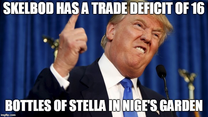 SKELBOD HAS A TRADE DEFICIT OF 16; BOTTLES OF STELLA IN NIGE'S GARDEN | image tagged in trump | made w/ Imgflip meme maker