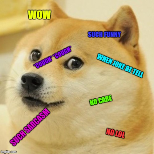 Doge Meme | WOW; SUCH FUNNY; *COUGH* *COUGH*; WHEN JOKE BE TELL; NO CARE; SUCH SARCASM; NO LOL | image tagged in memes,doge,scumbag | made w/ Imgflip meme maker