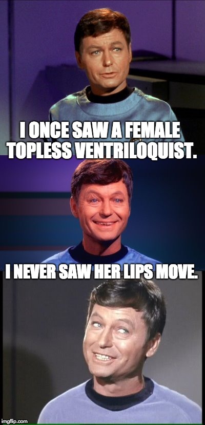 bad pun McCoy | I ONCE SAW A FEMALE TOPLESS VENTRILOQUIST. I NEVER SAW HER LIPS MOVE. | image tagged in bad pun mccoy | made w/ Imgflip meme maker