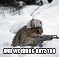 russian cat | AND WE BRING CATZ TOO | image tagged in russian cat | made w/ Imgflip meme maker