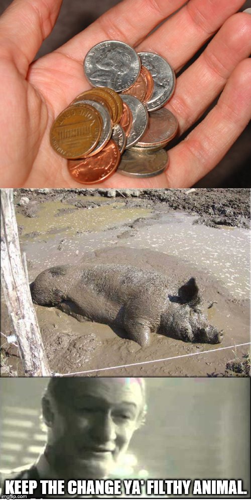 KEEP THE CHANGE YA' FILTHY ANIMAL. | image tagged in spare change,johnny,angels with filthy souls,pig wallowing in mud | made w/ Imgflip meme maker