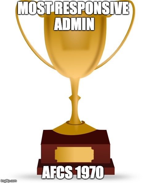 Blank Trophy | MOST RESPONSIVE ADMIN; AFCS 1970 | image tagged in blank trophy | made w/ Imgflip meme maker