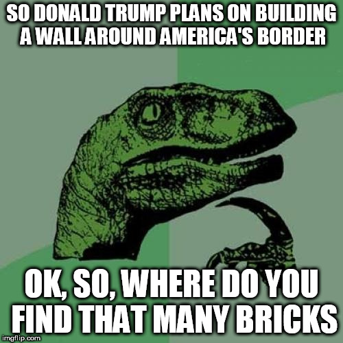Philosoraptor | SO DONALD TRUMP PLANS ON BUILDING A WALL AROUND AMERICA'S BORDER; OK, SO, WHERE DO YOU FIND THAT MANY BRICKS | image tagged in memes,philosoraptor,donald trump,wall,border,border wall | made w/ Imgflip meme maker
