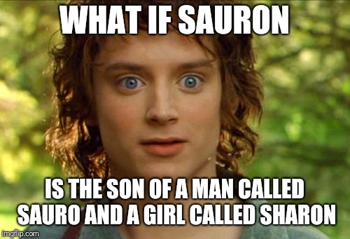 Surpised Frodo |  WHAT IF SAURON; IS THE SON OF A MAN CALLED SAURO AND A GIRL CALLED SHARON | image tagged in memes,surpised frodo | made w/ Imgflip meme maker