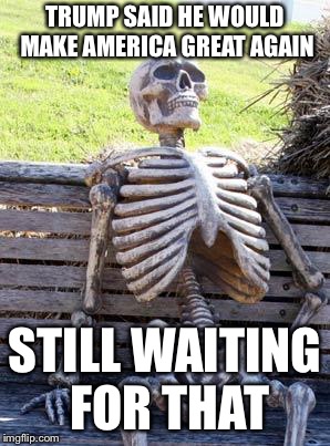 Waiting Skeleton Meme | TRUMP SAID HE WOULD MAKE AMERICA GREAT AGAIN; STILL WAITING FOR THAT | image tagged in memes,waiting skeleton | made w/ Imgflip meme maker