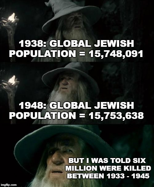 Gandalf is anti-Semitic  | 1938: GLOBAL JEWISH POPULATION = 15,748,091; 1948: GLOBAL JEWISH POPULATION = 15,753,638; BUT I WAS TOLD SIX MILLION WERE KILLED BETWEEN 1933 - 1945 | image tagged in memes,confused gandalf,holocaust,truth,jew,adolf hitler | made w/ Imgflip meme maker