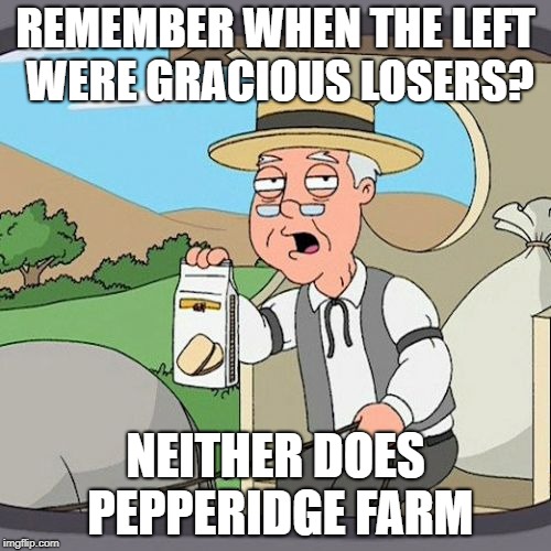 Pepperidge Farm Remembers | REMEMBER WHEN THE LEFT WERE GRACIOUS LOSERS? NEITHER DOES PEPPERIDGE FARM | image tagged in memes,pepperidge farm remembers | made w/ Imgflip meme maker