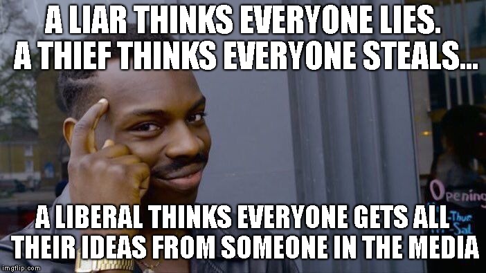 Roll Safe Think About It Meme | A LIAR THINKS EVERYONE LIES. A THIEF THINKS EVERYONE STEALS... A LIBERAL THINKS EVERYONE GETS ALL THEIR IDEAS FROM SOMEONE IN THE MEDIA | image tagged in memes,roll safe think about it | made w/ Imgflip meme maker