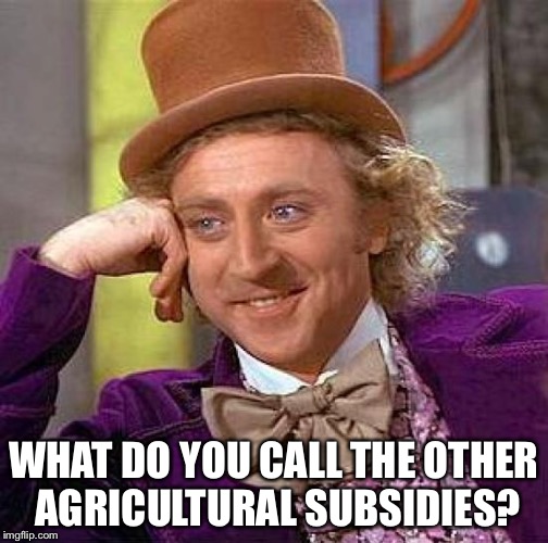 Creepy Condescending Wonka Meme | WHAT DO YOU CALL THE OTHER AGRICULTURAL SUBSIDIES? | image tagged in memes,creepy condescending wonka | made w/ Imgflip meme maker