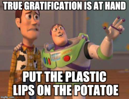 X, X Everywhere Meme | TRUE GRATIFICATION IS AT HAND; PUT THE PLASTIC LIPS ON THE POTATOE | image tagged in memes,x x everywhere | made w/ Imgflip meme maker