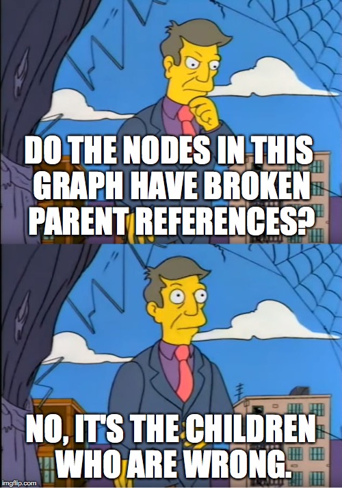 Skinner Out Of Touch | DO THE NODES IN THIS GRAPH HAVE BROKEN PARENT REFERENCES? NO, IT'S THE CHILDREN WHO ARE WRONG. | image tagged in skinner out of touch | made w/ Imgflip meme maker