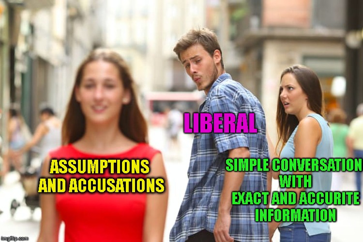 Distracted Boyfriend Meme | ASSUMPTIONS AND ACCUSATIONS LIBERAL SIMPLE CONVERSATION WITH EXACT AND ACCURITE INFORMATION | image tagged in memes,distracted boyfriend | made w/ Imgflip meme maker