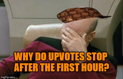 Captain Picard Facepalm | WHY DO UPVOTES STOP AFTER THE FIRST HOUR? | image tagged in memes,captain picard facepalm,scumbag | made w/ Imgflip meme maker