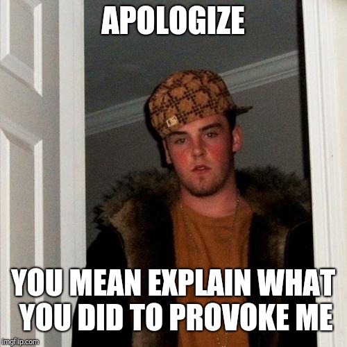 Scumbag Steve Meme | APOLOGIZE; YOU MEAN EXPLAIN WHAT YOU DID TO PROVOKE ME | image tagged in memes,scumbag steve | made w/ Imgflip meme maker