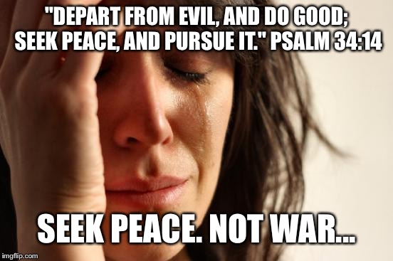 First World Problems Meme | "DEPART FROM EVIL, AND DO GOOD; SEEK PEACE, AND PURSUE IT." PSALM 34:14; SEEK PEACE. NOT WAR... | image tagged in memes,first world problems | made w/ Imgflip meme maker