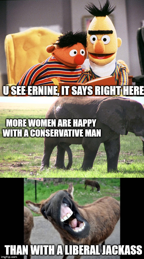 U SEE ERNINE, IT SAYS RIGHT HERE; MORE WOMEN ARE HAPPY WITH A CONSERVATIVE MAN; THAN WITH A LIBERAL JACKASS | made w/ Imgflip meme maker
