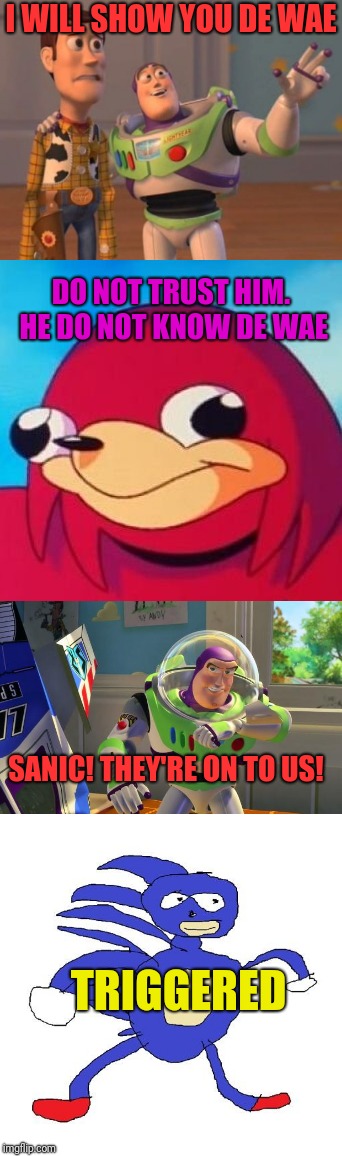 Sanic v Ugandan Knuckles | I WILL SHOW YOU DE WAE; DO NOT TRUST HIM. HE DO NOT KNOW DE WAE; SANIC! THEY'RE ON TO US! TRIGGERED | image tagged in funny memes,memes,sanic,ugandan knuckles,buzz lightyear,woody | made w/ Imgflip meme maker