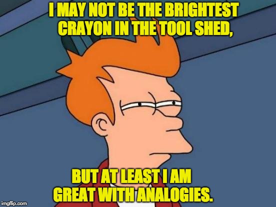 Futurama Fry | I MAY NOT BE THE BRIGHTEST CRAYON IN THE TOOL SHED, BUT AT LEAST I AM GREAT WITH ANALOGIES. | image tagged in memes,futurama fry | made w/ Imgflip meme maker