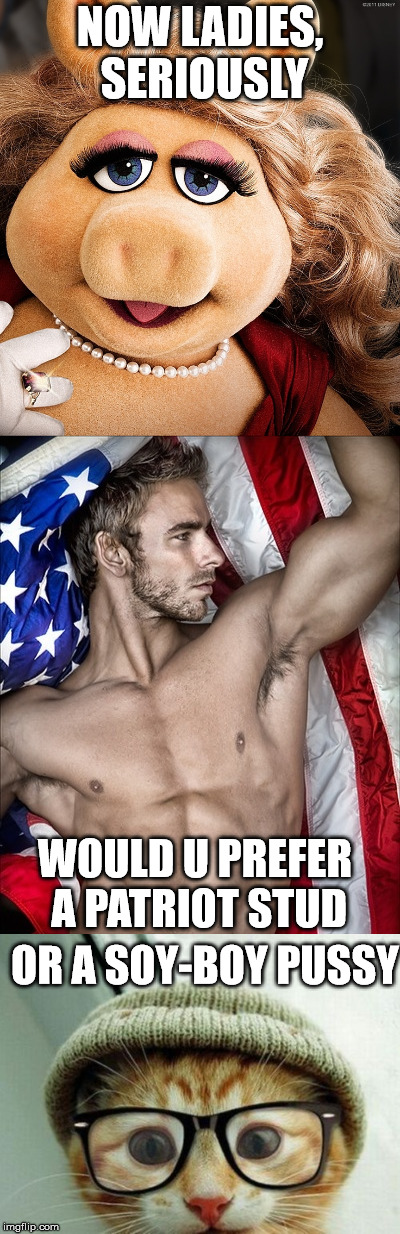 NOW LADIES, SERIOUSLY; WOULD U PREFER A PATRIOT STUD; OR A SOY-BOY PUSSY | made w/ Imgflip meme maker