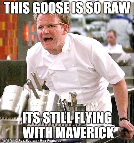 Chef Gordon Ramsay Meme | THIS GOOSE IS SO RAW; ITS STILL FLYING WITH MAVERICK | image tagged in memes,chef gordon ramsay,top gun,ilikepie314159265358979 | made w/ Imgflip meme maker