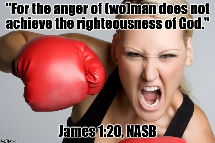 woman boxing anger1 | "For the anger of (wo)man does not achieve the righteousness of God."; James 1:20, NASB | image tagged in woman boxing anger1 | made w/ Imgflip meme maker