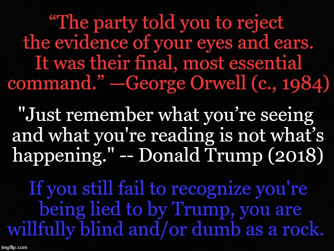 Blank black | “The party told you to reject the evidence of your eyes and ears. It was their final, most essential command.”
—George Orwell (c., 1984); "Just remember what you’re seeing and what you're reading is not what’s happening."
-- Donald Trump (2018); If you still fail to recognize you're being lied to by Trump, you are willfully blind and/or dumb as a rock. | image tagged in blank black | made w/ Imgflip meme maker
