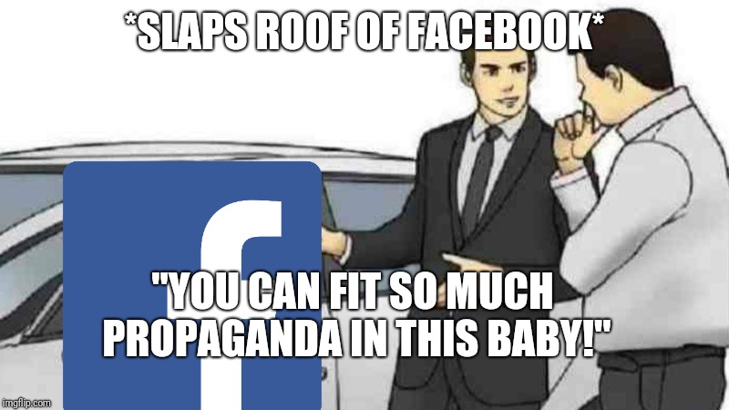 Car Salesman Slaps Roof Of Car Meme |  *SLAPS ROOF OF FACEBOOK*; "YOU CAN FIT SO MUCH PROPAGANDA IN THIS BABY!" | image tagged in slaps roof of car | made w/ Imgflip meme maker