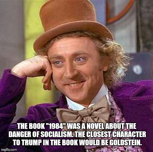 Creepy Condescending Wonka Meme | THE BOOK "1984" WAS A NOVEL ABOUT THE DANGER OF SOCIALISM. THE CLOSEST CHARACTER TO TRUMP IN THE BOOK WOULD BE GOLDSTEIN. | image tagged in memes,creepy condescending wonka | made w/ Imgflip meme maker