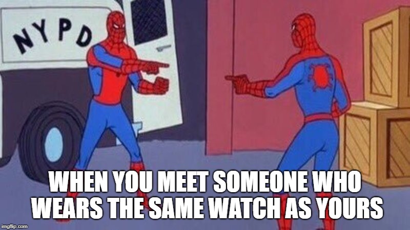 spiderman pointing at spiderman | WHEN YOU MEET SOMEONE WHO WEARS THE SAME WATCH AS YOURS | image tagged in spiderman pointing at spiderman | made w/ Imgflip meme maker