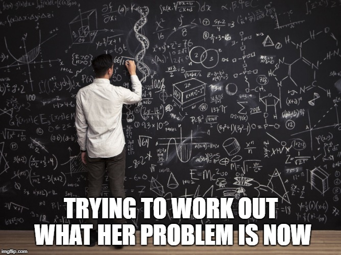 TRYING TO WORK OUT WHAT HER PROBLEM IS NOW | made w/ Imgflip meme maker