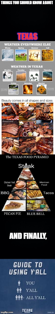 The Texas Guide | THINGS YOU SHOULD KNOW ABOUT; TEXAS; AND FINALLY, | image tagged in texas humor,memes | made w/ Imgflip meme maker
