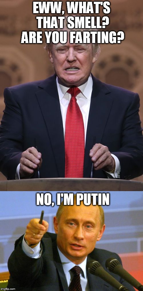 Trump and Putin | EWW, WHAT'S THAT SMELL? ARE YOU FARTING? NO, I'M PUTIN | image tagged in trump,putin | made w/ Imgflip meme maker