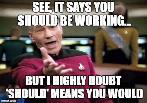 Picard Wtf Meme | SEE, IT SAYS YOU SHOULD BE WORKING... BUT I HIGHLY DOUBT 'SHOULD' MEANS YOU WOULD | image tagged in memes,picard wtf | made w/ Imgflip meme maker