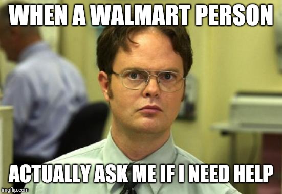 Dwight Schrute Meme | WHEN A WALMART PERSON; ACTUALLY ASK ME IF I NEED HELP | image tagged in memes,dwight schrute | made w/ Imgflip meme maker