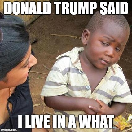 Third World Skeptical Kid Meme | DONALD TRUMP SAID; I LIVE IN A WHAT | image tagged in memes,third world skeptical kid | made w/ Imgflip meme maker