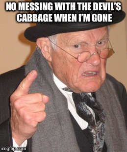 Back In My Day | NO MESSING WITH THE DEVIL’S CABBAGE WHEN I’M GONE | image tagged in memes,back in my day | made w/ Imgflip meme maker
