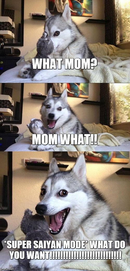 Bad Pun Dog | WHAT MOM? MOM WHAT!! *SUPER SAIYAN MODE* WHAT DO YOU WANT!!!!!!!!!!!!!!!!!!!!!!!!!!! | image tagged in memes,bad pun dog | made w/ Imgflip meme maker